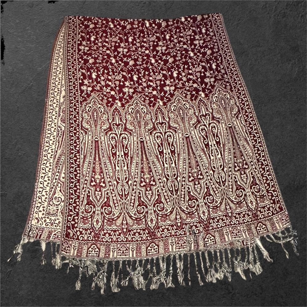 100% Cashmere Pashmina Reversable Shawl Womens 70x24 Burgundy/Cream Paisley Wrap